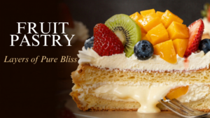 Eggless fruit pastry with flaky puff pastry layers, cream filling, and fresh strawberries and kiwi.