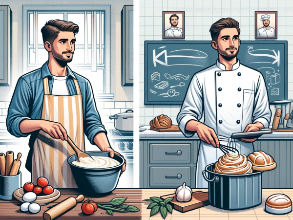 DALL·E 2024-01-24 14.58.58 - Create an image that depicts the journey of a man transitioning from a Home Baker to a Baking Instructor. On the left, show the man in a home setting,