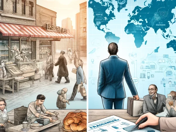 DALL·E 2024-05-23 11.59.21 - An image that depicts the journey of a man transforming his bakery outlet into a thriving franchise network. On the left side, show the man in a bustl